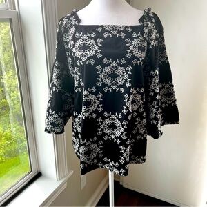 Ann Taylor embroidered pheasant black white cotton top size L